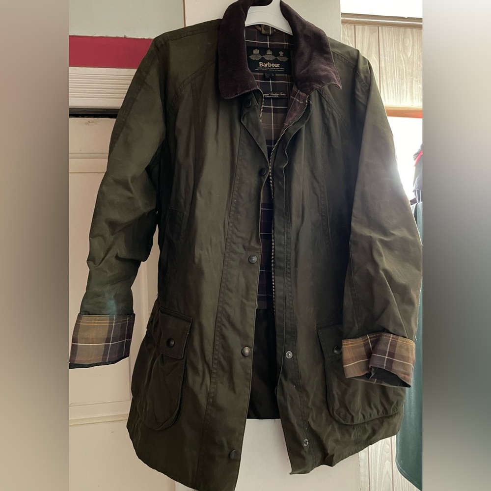 Barbour Coat. Women’s. Olive Green with detachable hood.
